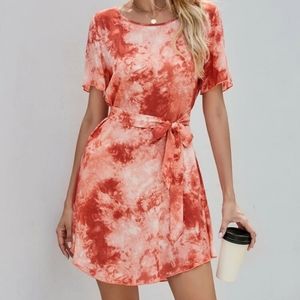 Tie Dye Curved Hem Belted Tunic Dress